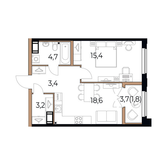 47,1 м², 1-комнатная квартира 8 007 000 ₽ - изображение 1