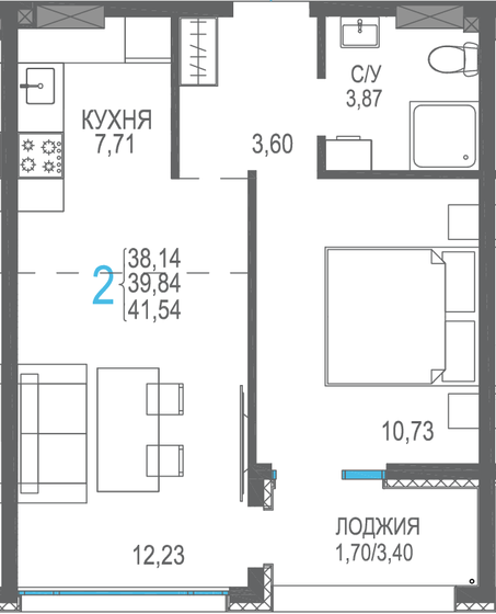 39,8 м², 2-комнатная квартира 7 171 200 ₽ - изображение 1