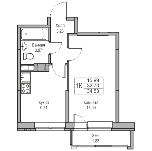 32,7 м², 1-комнатная квартира 6 408 768 ₽ - изображение 1