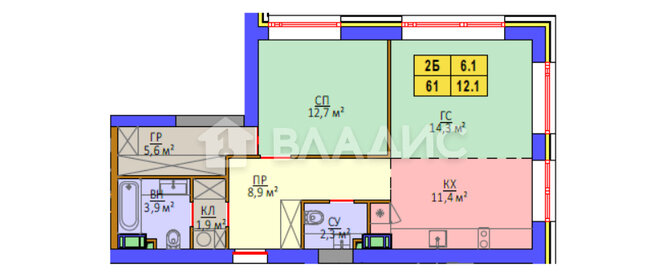 Квартира 61 м², 2-комнатная - изображение 2