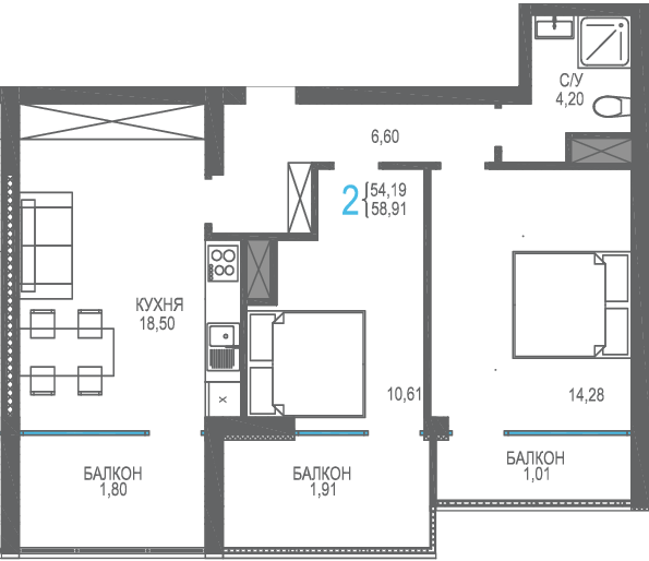 58,9 м², 2-комнатная квартира 16 200 250 ₽ - изображение 25