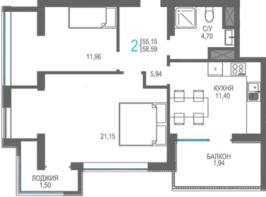 Квартира 58,6 м², 2-комнатная - изображение 1