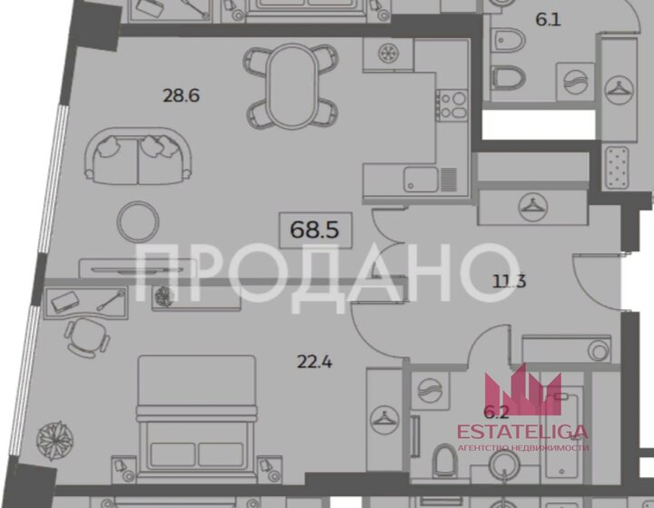 68,5 м², 2-комнатная квартира 30 500 000 ₽ - изображение 1