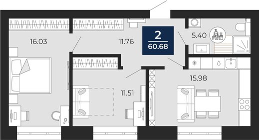 Квартира 60,7 м², 2-комнатная - изображение 1