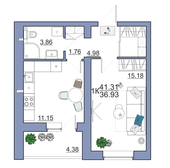 41,3 м², 1-комнатная квартира 4 141 000 ₽ - изображение 1