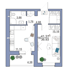 Квартира 41,3 м², 1-комнатная - изображение 1