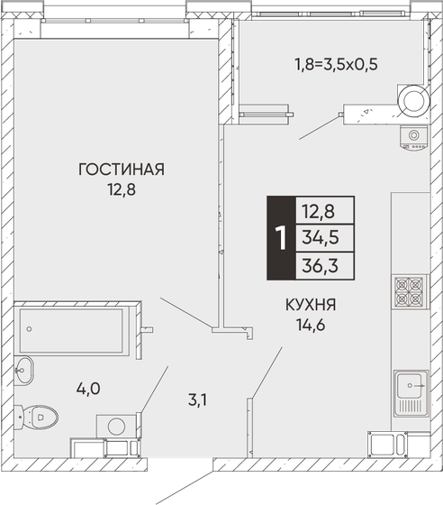 36,3 м², 1-комнатная квартира 4 512 090 ₽ - изображение 1