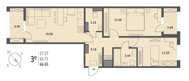 Квартира 66,7 м², 2-комнатная - изображение 1