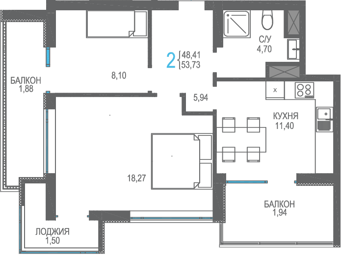 53,7 м², 2-комнатная квартира 14 775 750 ₽ - изображение 1