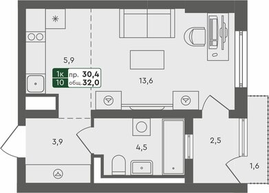 Квартира 32 м², 1-комнатная - изображение 1