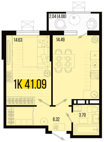 41,1 м², 1-комнатная квартира 4 544 554 ₽ - изображение 1