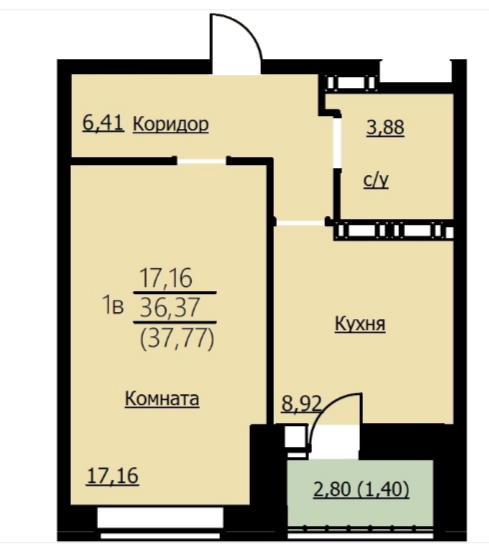 37,8 м², 1-комнатная квартира 3 399 300 ₽ - изображение 1