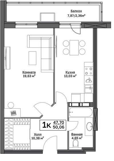 50,1 м², 1-комнатная квартира 6 479 195 ₽ - изображение 1