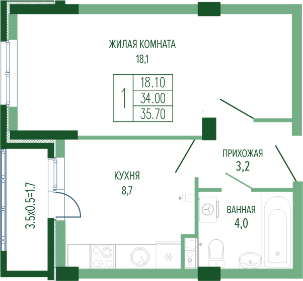 35,7 м², 1-комнатная квартира 8 273 475 ₽ - изображение 1