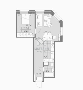 51,2 м², 1-комнатная квартира 18 050 000 ₽ - изображение 1