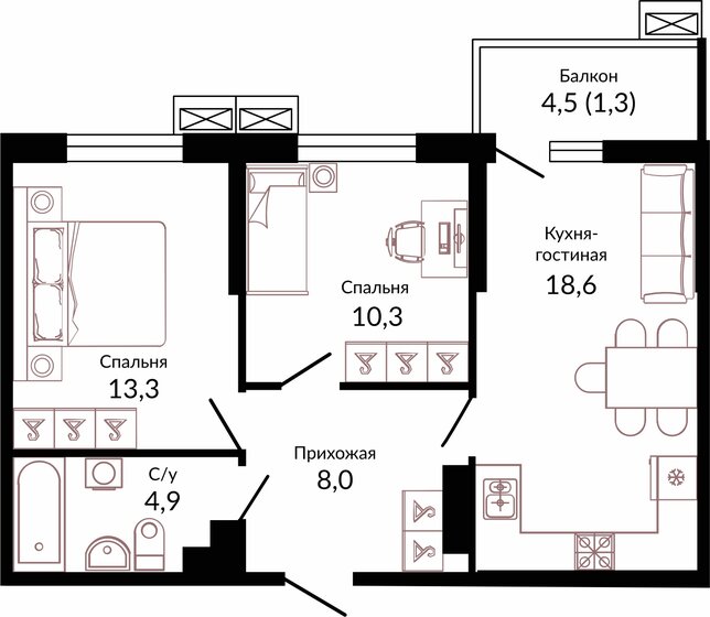 56,4 м², 2-комнатная квартира 7 659 120 ₽ - изображение 1