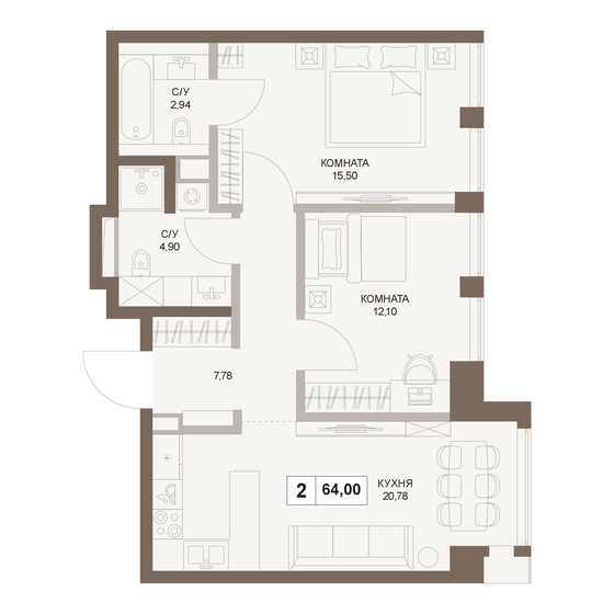 64 м², 2-комнатная квартира 30 515 264 ₽ - изображение 1