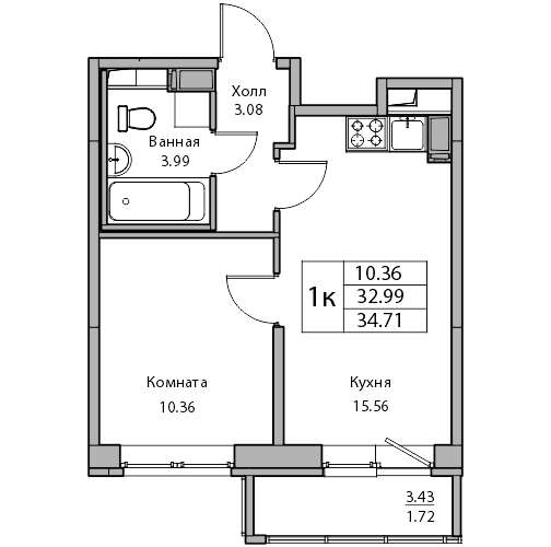 33 м², 1-комнатная квартира 6 598 371 ₽ - изображение 1