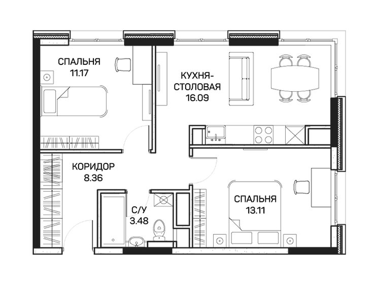 52,2 м², 2-комнатные апартаменты 10 460 000 ₽ - изображение 1