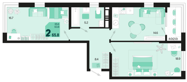 65,8 м², 2-комнатная квартира 8 527 680 ₽ - изображение 10