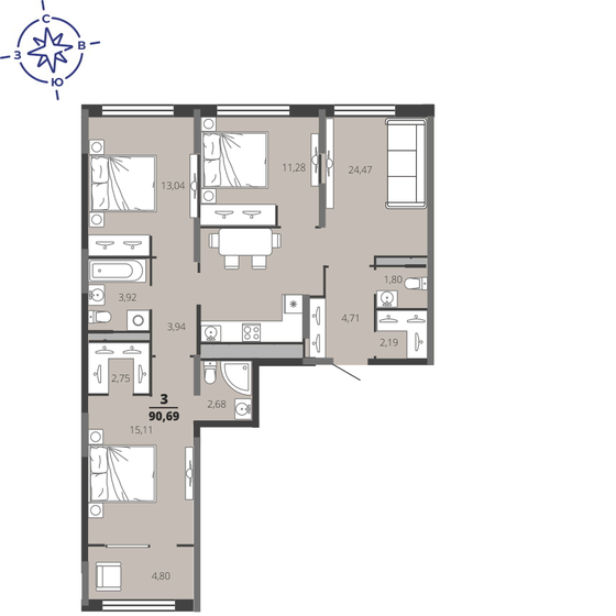 90,7 м², 3-комнатная квартира 9 286 450 ₽ - изображение 30