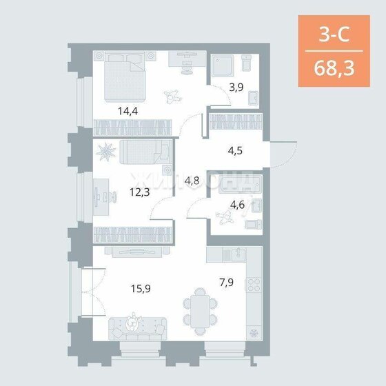 68,3 м², 3-комнатная квартира 23 550 000 ₽ - изображение 1