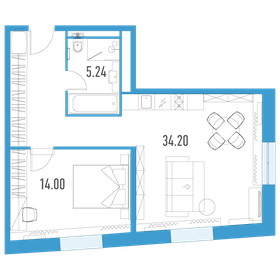 Квартира 53,9 м², 1-комнатные - изображение 1
