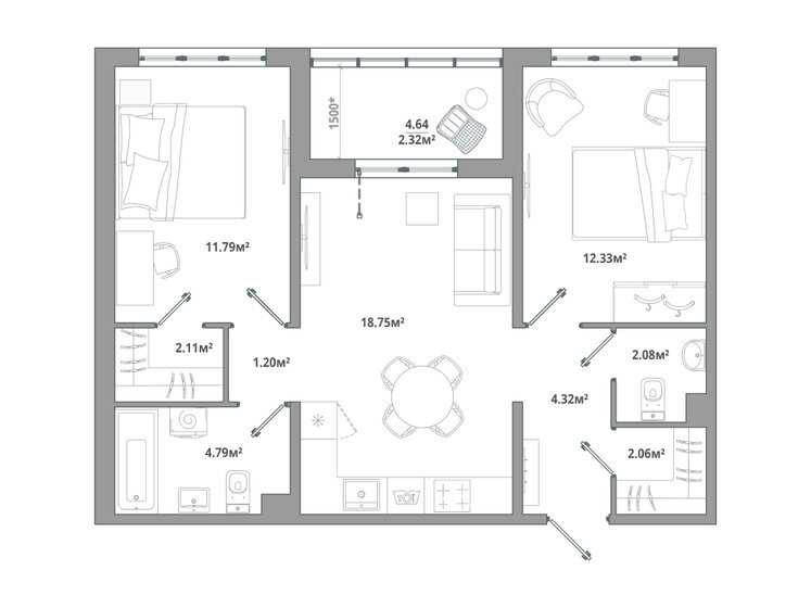 61,8 м², 2-комнатная квартира 10 065 250 ₽ - изображение 1