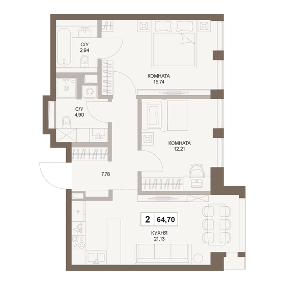 64,7 м², 2-комнатная квартира 31 256 376 ₽ - изображение 1