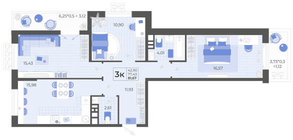 91 м², 3-комнатная квартира 11 628 522 ₽ - изображение 14