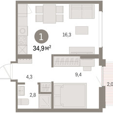 Квартира 34,9 м², 1-комнатная - изображение 3