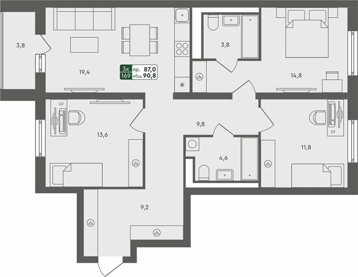 90,8 м², 3-комнатная квартира 9 440 000 ₽ - изображение 1