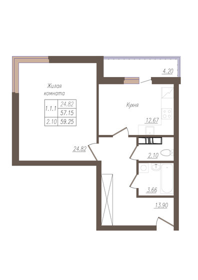 59,3 м², 1-комнатная квартира 5 154 750 ₽ - изображение 1