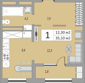 35,1 м², 1-комнатная квартира 2 745 522 ₽ - изображение 8