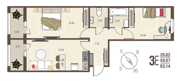 Квартира 63,1 м², 2-комнатная - изображение 1