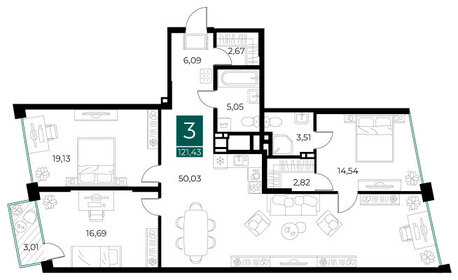 Квартира 121,4 м², 3-комнатная - изображение 1