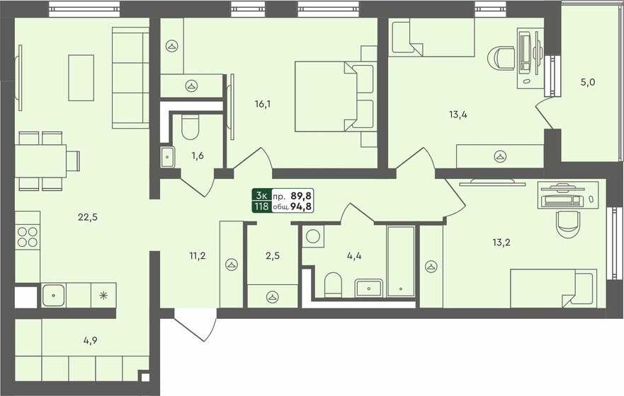 94,8 м², 3-комнатная квартира 9 610 000 ₽ - изображение 1