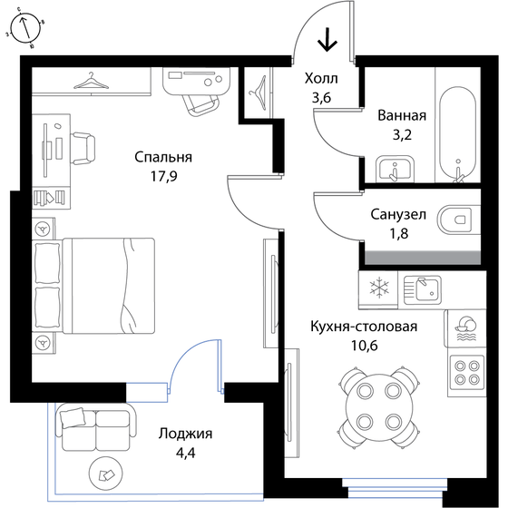 39,3 м², 1-комнатная квартира 6 818 550 ₽ - изображение 1