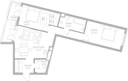 Квартира 81,4 м², 2-комнатная - изображение 1