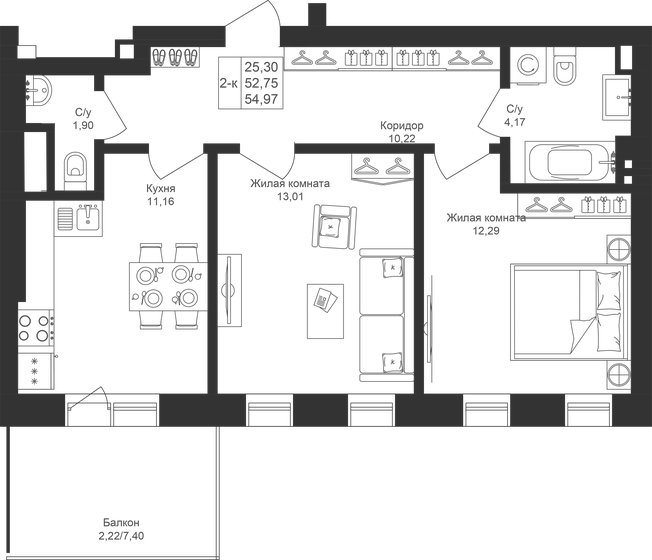 55 м², 2-комнатная квартира 8 960 110 ₽ - изображение 1