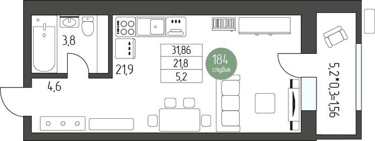 35,5 м², квартира-студия 5 147 540 ₽ - изображение 16