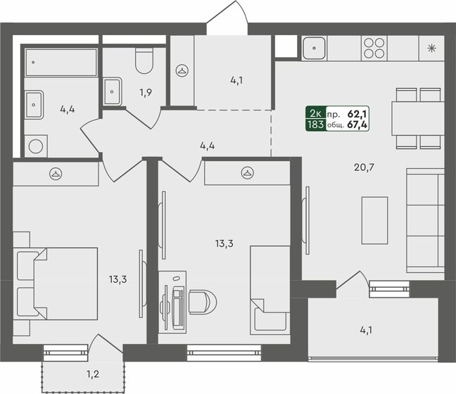 67,4 м², 2-комнатная квартира 7 640 000 ₽ - изображение 1