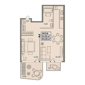 Квартира 64,3 м², 2-комнатные - изображение 1