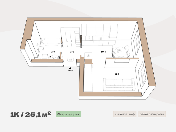 25,1 м², 1-комнатная квартира 6 380 000 ₽ - изображение 1