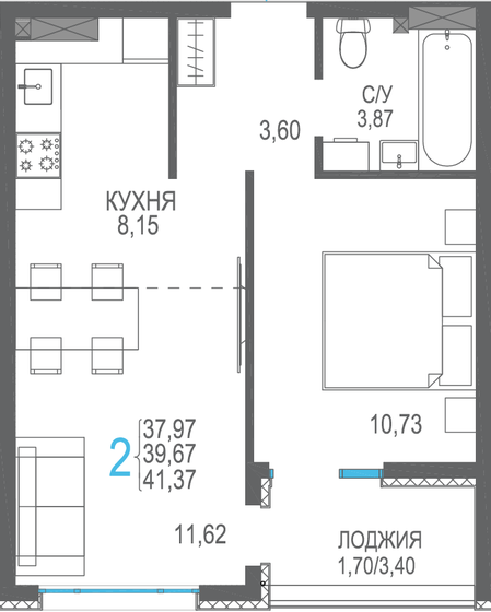 39,7 м², 2-комнатная квартира 7 537 300 ₽ - изображение 1