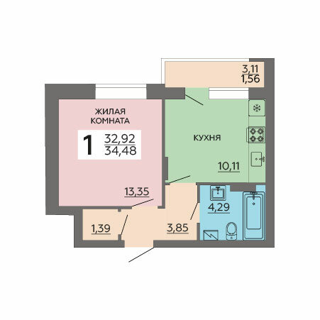 34,5 м², 1-комнатная квартира 3 792 800 ₽ - изображение 1