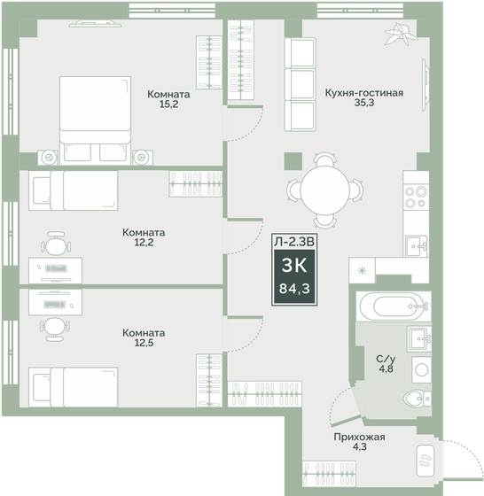 84,3 м², 3-комнатная квартира 6 575 400 ₽ - изображение 17