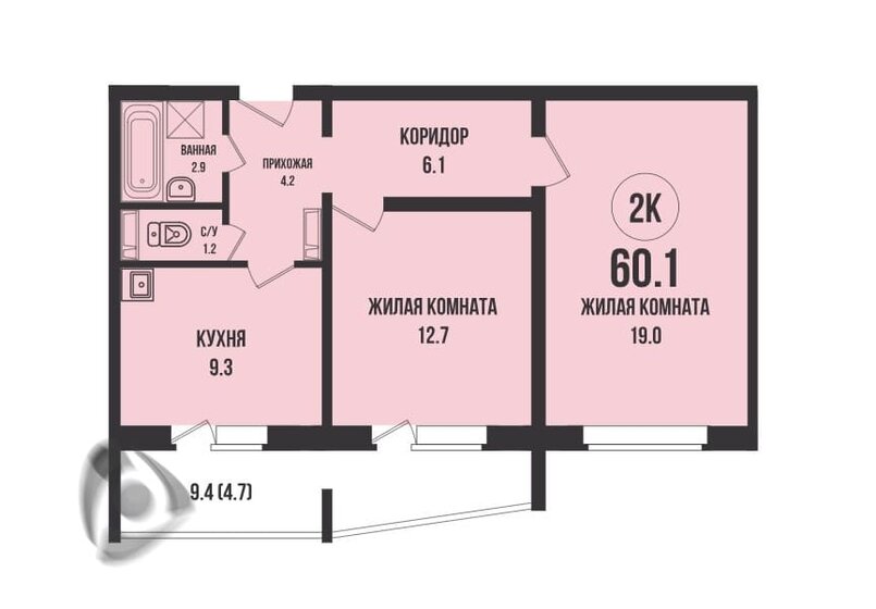 60,1 м², 2-комнатная квартира 6 320 000 ₽ - изображение 1