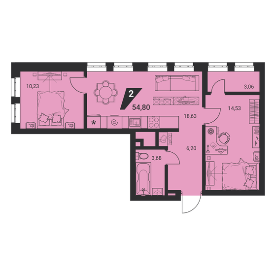 54,8 м², 2-комнатная квартира 6 987 000 ₽ - изображение 1