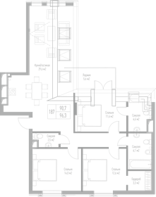 Квартира 96,3 м², 3-комнатная - изображение 1